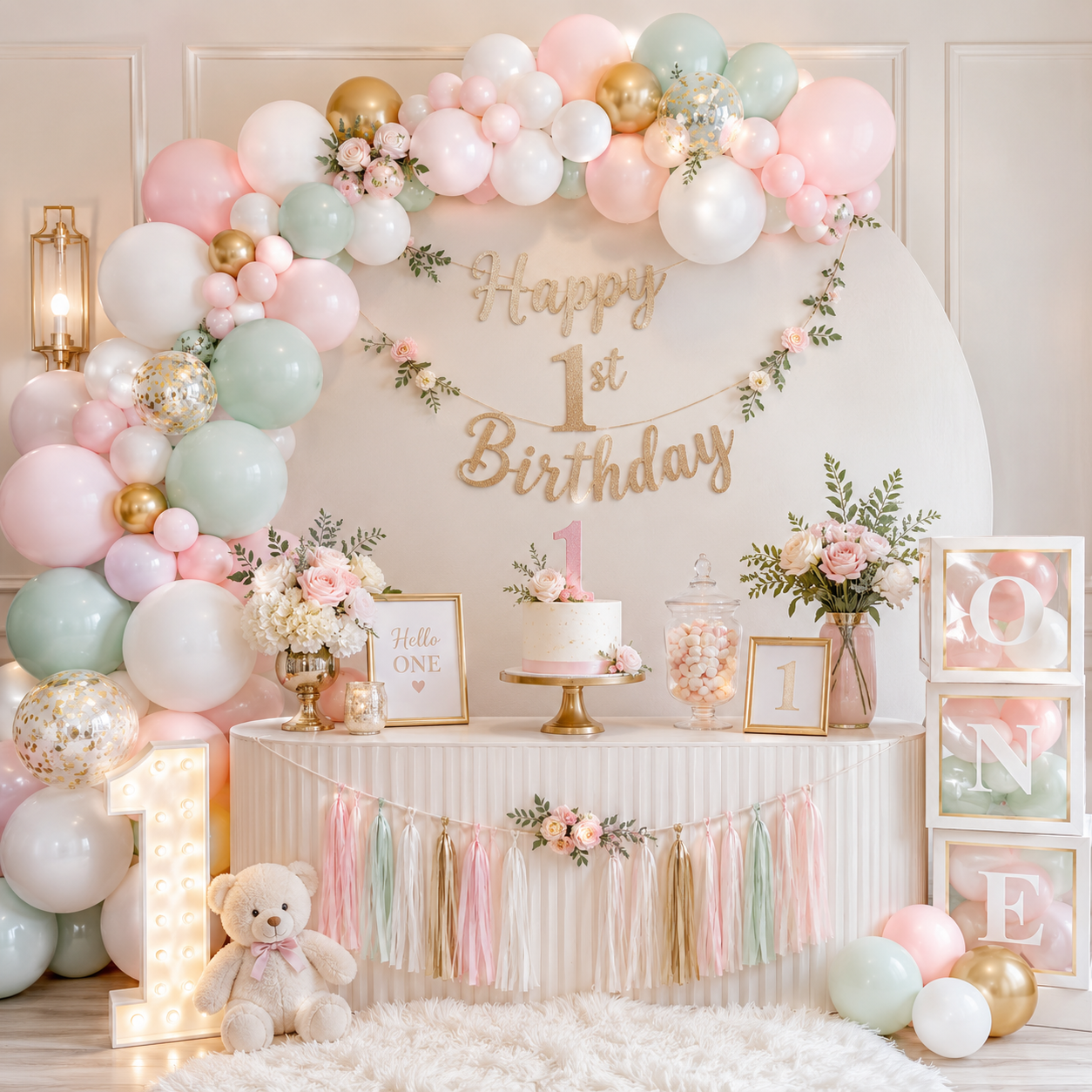 First birthday party decorations with balloon garland arch, happy birthday banner and party backdrop